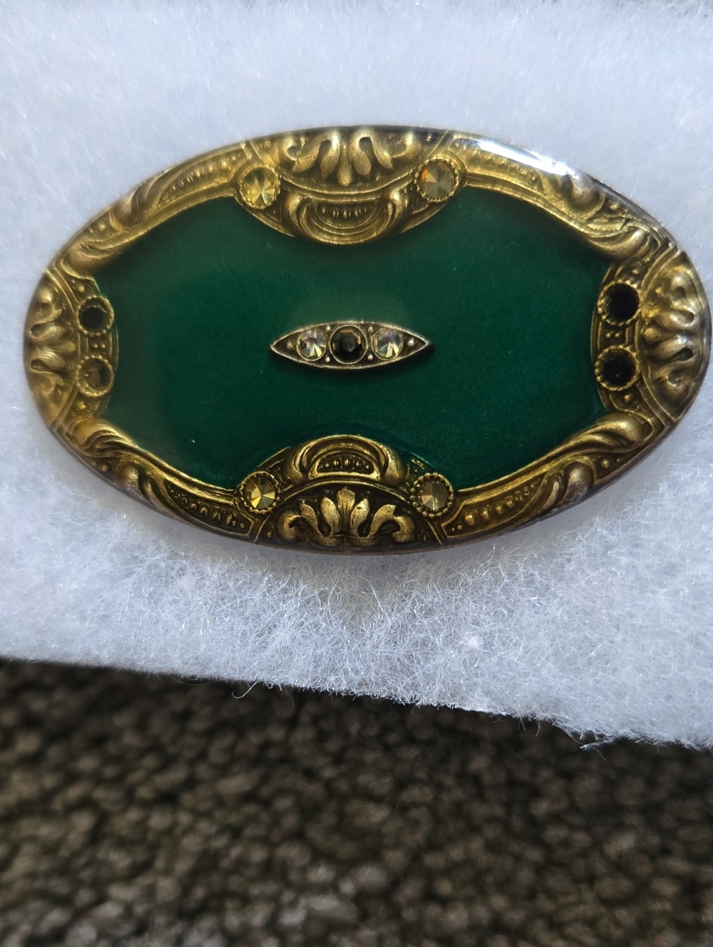 Vintage Oval Green Enamel Brooch with Decorative Gold Frame